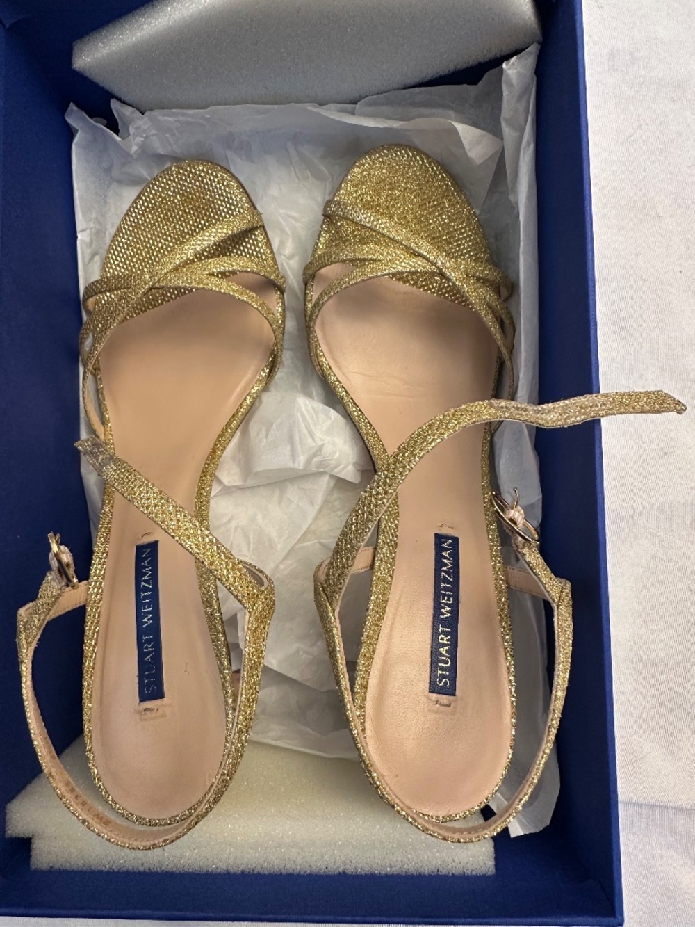Stuart Weitzman Starla 80 Gold Metallic Glitter High-Heel Sandals - Size M8.5
